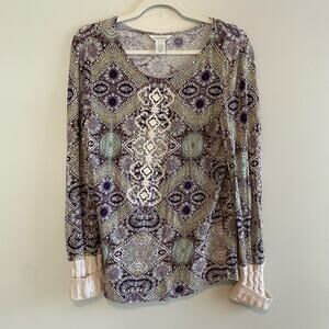 Sundance Size S Green Purple Long Sleeve Top Sweater Cuffs Embroidered Front